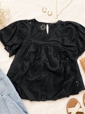 Madewell Black Eyelet Flutter-Sleeve Blouse - Kids